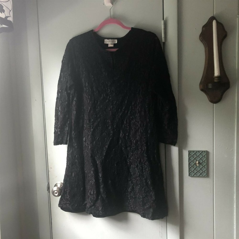 Vintage Black Lace Mini Dress Tunic Impressions of California Long Sleeve - Picture 1 of 7